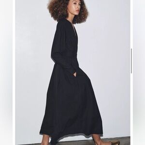 Zara NWT ZW Collection pleated poplin midi dress black belted 4786/287